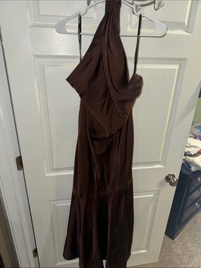 Birdy Grey Chocolate Brown Halter Satin Evening Dress